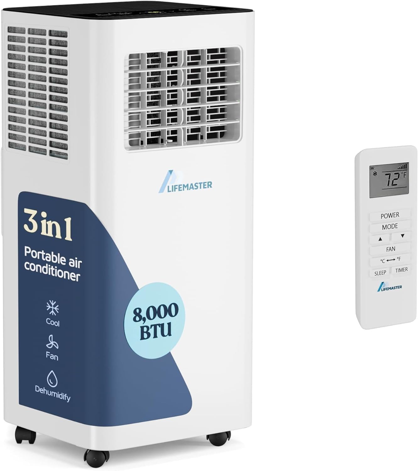 3-in-1 Portable Air Conditioner, 8,000 BTU Rolling AC Unit with Cooling, Fan and Dehumidifier for Rooms up to 250 Sq - Ft., Remote Control, Digital Touch Panel, Window Kit Included, White White 8000