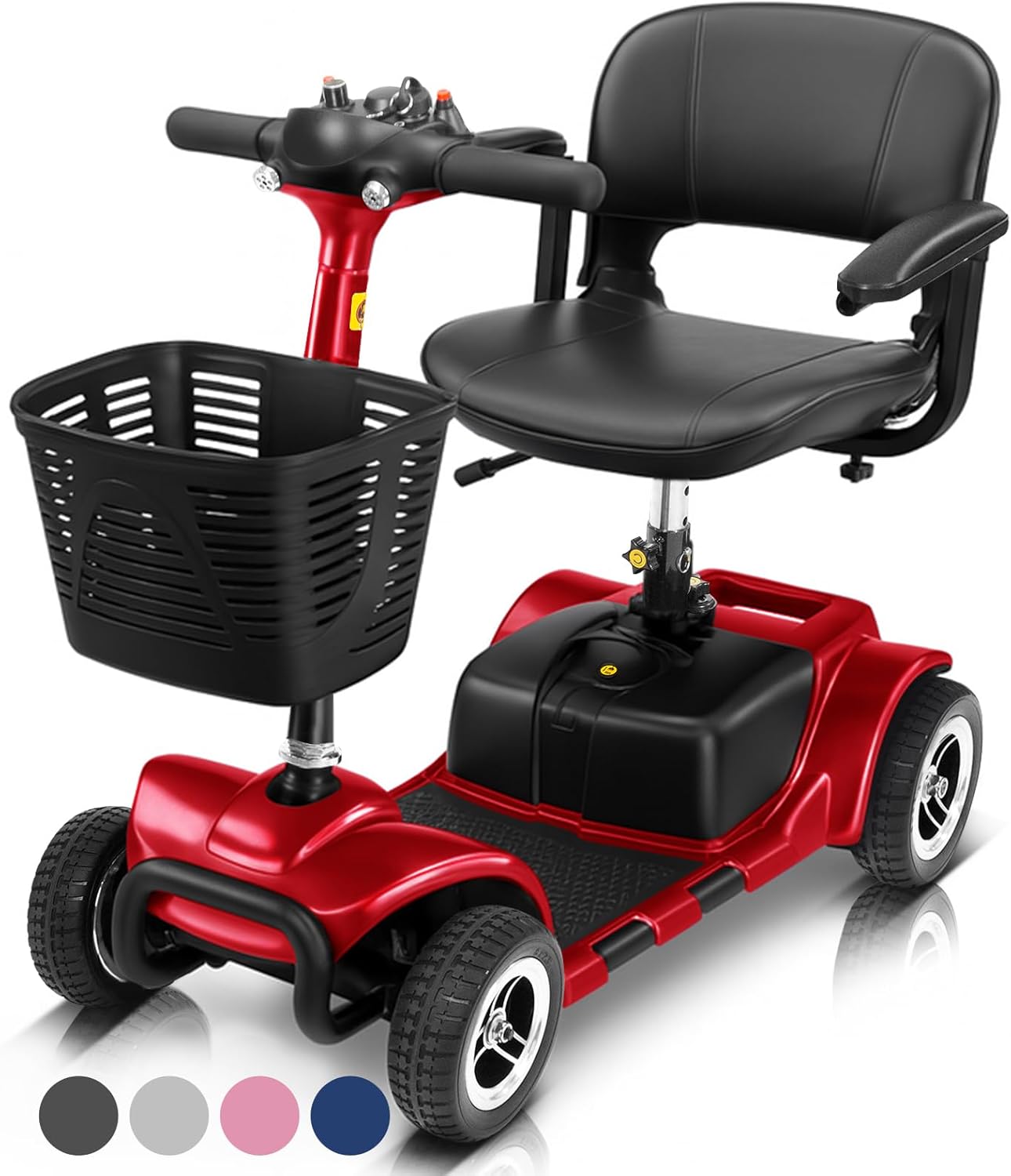 4 Wheel Mobility Scooter - Electric Powered Wheelchair Device - Compact Heavy Duty Mobile for Travel, Adults, Elderly - Long Range Power Extended Battery with Charger & Basket Ruby Red