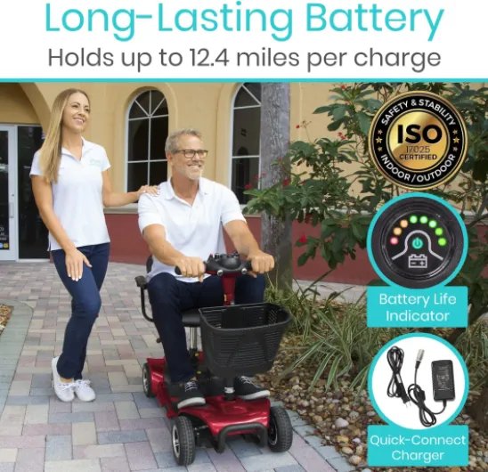 4 Wheel Mobility Scooter - Electric Powered Wheelchair Device - Compact Heavy Duty Mobile for Travel, Adults, Elderly - Long Range Power Extended Battery with Charger & Basket Ruby Red