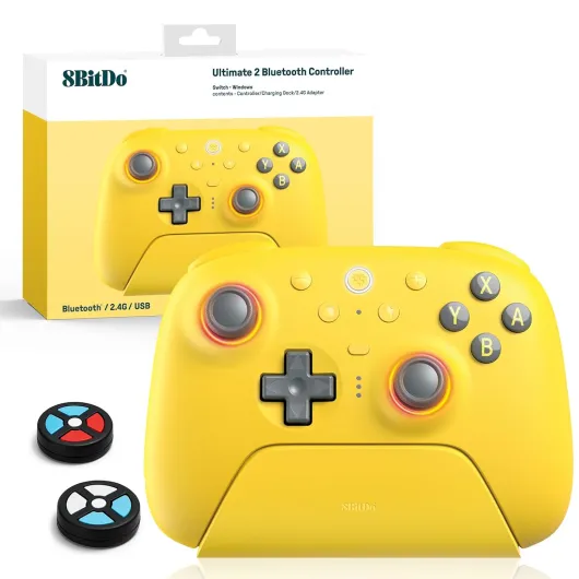 Ultimate 2 Bluetooth Controller (TMR Joystick Update), RGB Fire Ring, Switchable Hall Effect/Tactile Triggers, Vibration and Motion Control for Switch/Switch 2, Windows PC (Lemon Yellow) Ultimate 2 Bluetooth Yellow