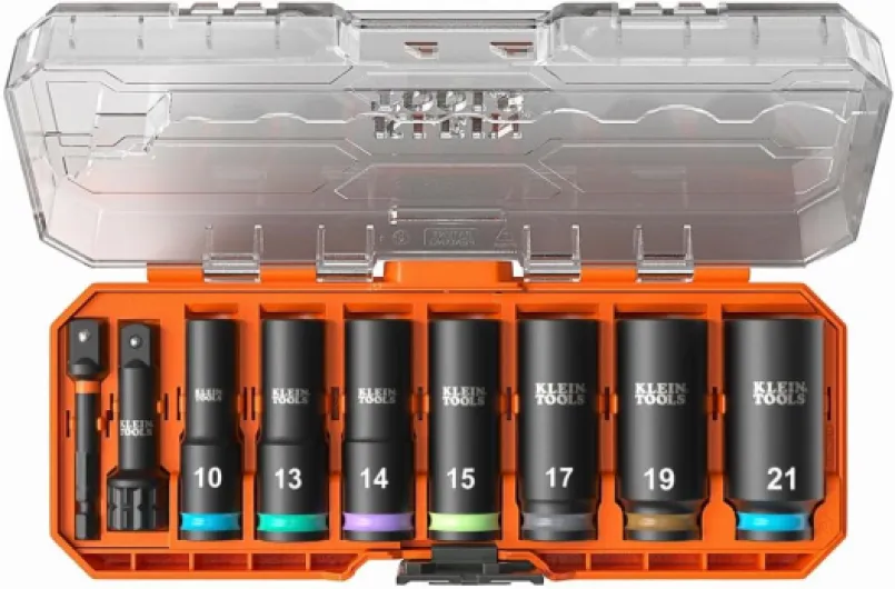 65109IMPCTM KNECT Deep-Well 3/8-Inch Drive Impact Socket Set, Metric, 9-Piece Tool Set with Impact Driver Adapter, Multi-Purpose Wrench Adapter, Color-Coded, MODbox Socket Organizer