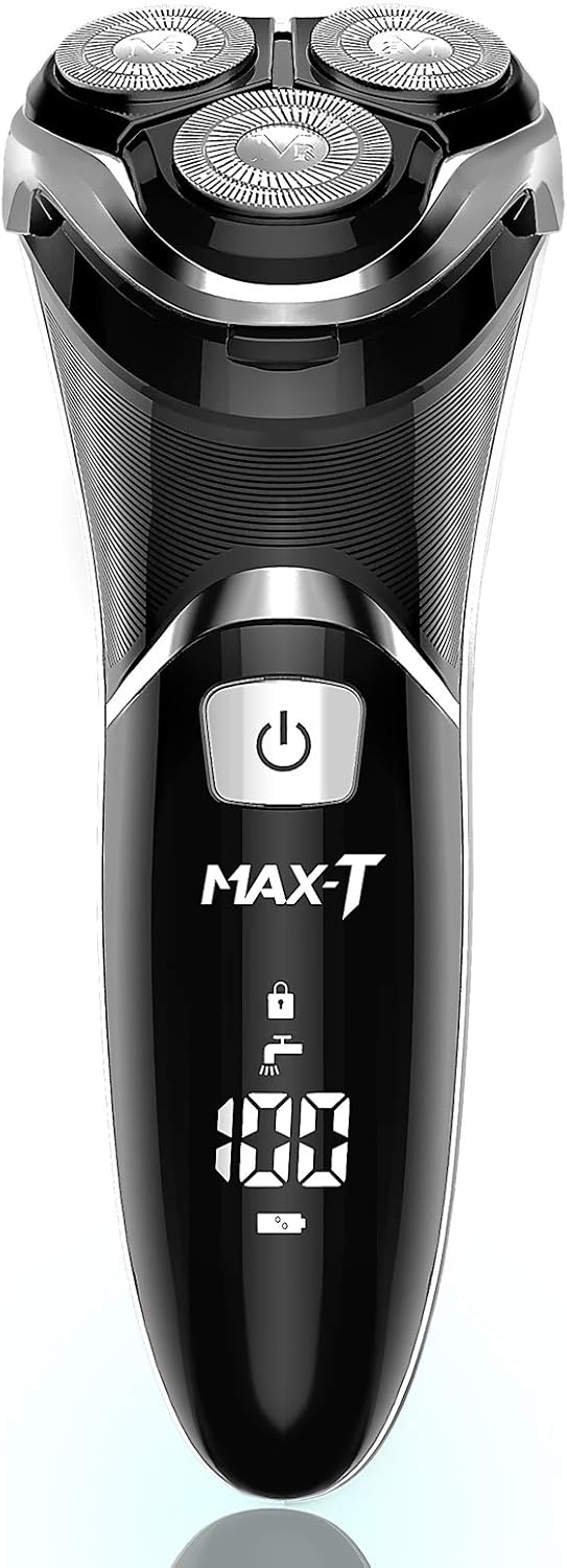 Men's Electric Shaver - MAX-T Corded and Cordless Rechargeable 3D Rotary Shaver Razor for Men with Pop-up Sideburn Trimmer Wet and Dry, IPX7 Waterproof, Plug & Play Black