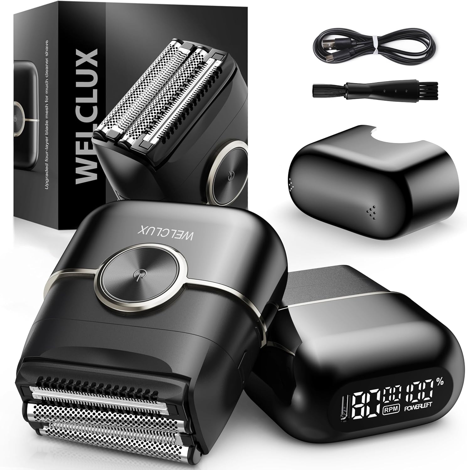 Electric Foil Shavers for Men: Upgraded Mini Electric Razor for Beard - 4 Floating Blades & Big LED Display - 2 Gears Adjustable Face Razor with IPX7 Waterproof for Travel & Home, USB Type C Bright Black
