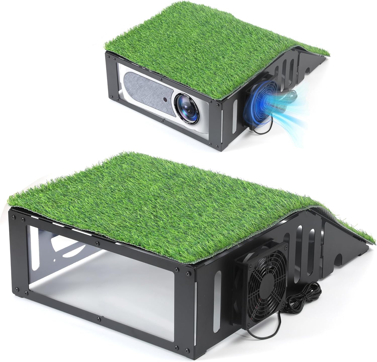 Golf Simulator Projector Enclosure with Cooling Fan & Artificial Turf - Floor-Mounted Protective Cover for Enhanced Projector Protection