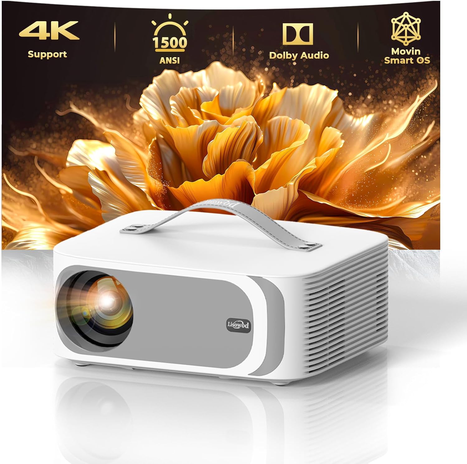 [AI Movin 2.0 System/1500 ANSI/Auto Focus] Outdoor-Projector with WiFi and Bluetooth, Portable-Projector 30W DoIby Audio APPS Built-in, Lisowod 4K Support Smart Proyector with HDR10+ 2025 Upgraded Standard White