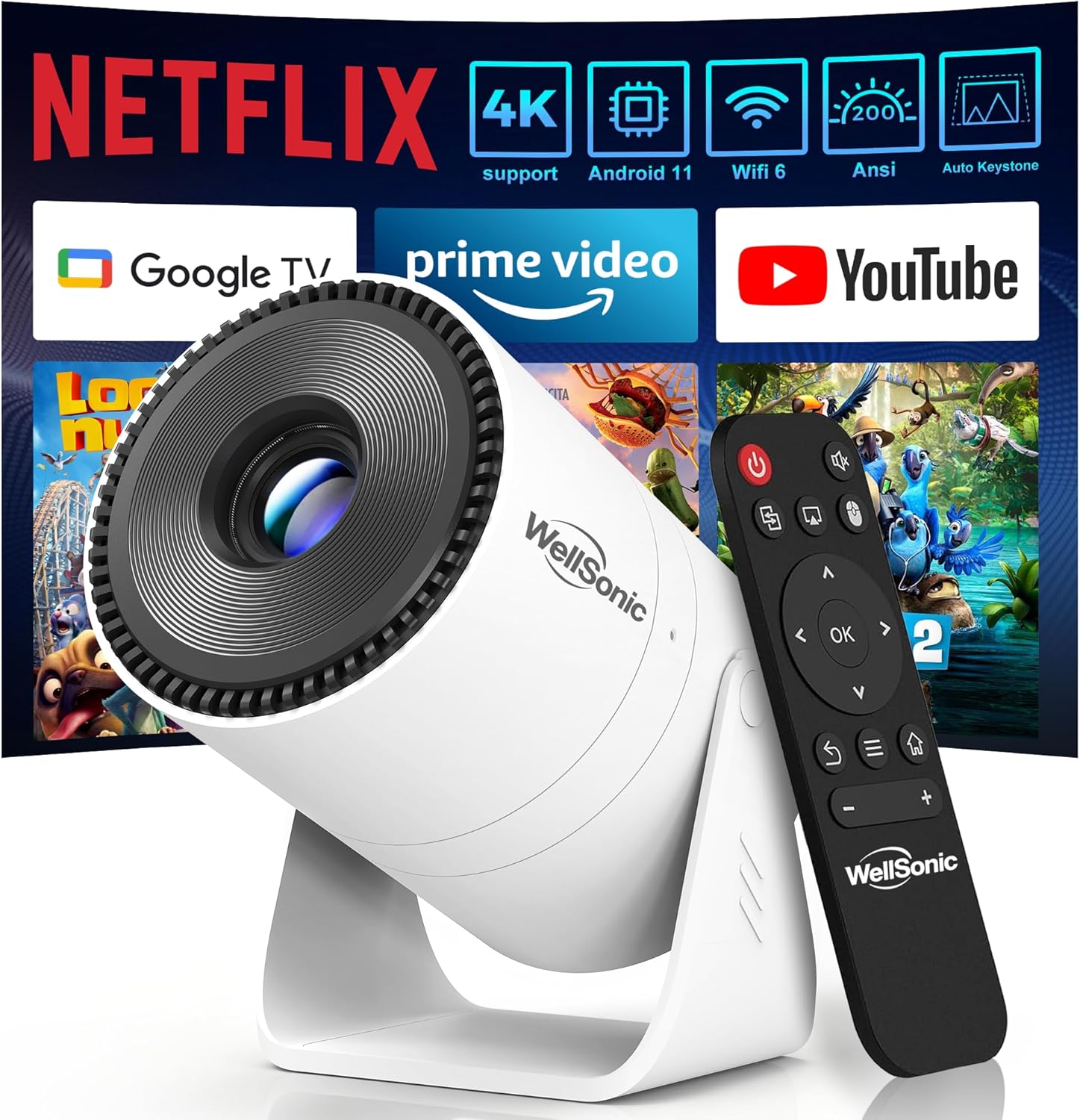 Mini Projector with WiFi and Bluetooth, Portable Movie Projector support 4K, Electric Focus, 210° Rotatable Stand, 150'' Screen Home Cinema Smart Projector for Phone, PC, HDMI USB, Laptop