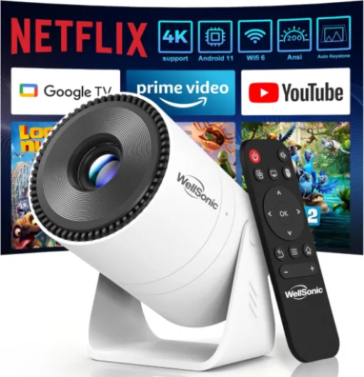 Mini Projector with WiFi and Bluetooth, Portable Movie Projector support 4K, Electric Focus, 210° Rotatable Stand, 150'' Screen Home Cinema Smart Projector for Phone, PC, HDMI USB, Laptop