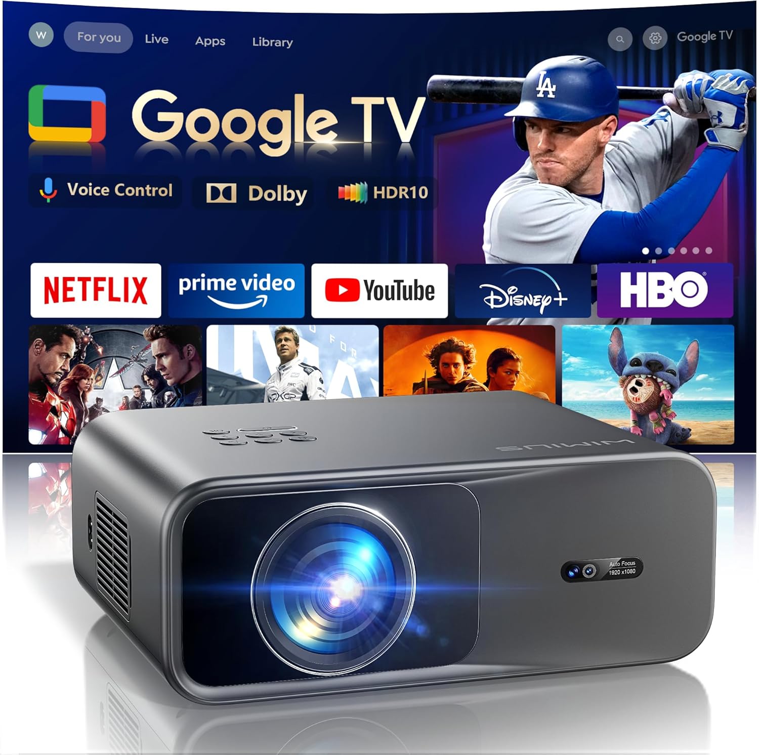 [Official Google TV]Smart Projector 4K Supported with WiFi & Bluetooth, Netflix-Licensed, Outdoor Movie Projector with DoIby Audio, Auto Focus, Home Theater Proyector WIMIUS G1 (Gray, Standard) Standard Gray