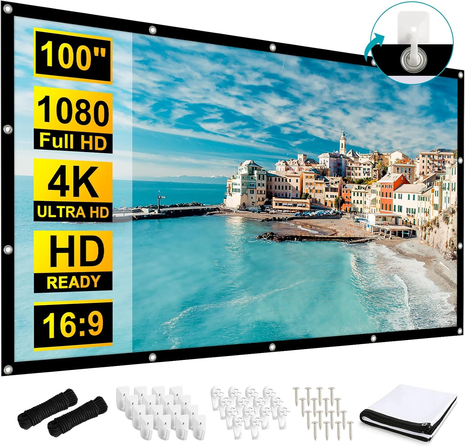 100 inch Projection Screens, Double Sided Washable Outdoor Projection Screen, 16:9 Foldable Anti-Crease Portable Projector Movies Screens for Camping Party, Home Theater, Office