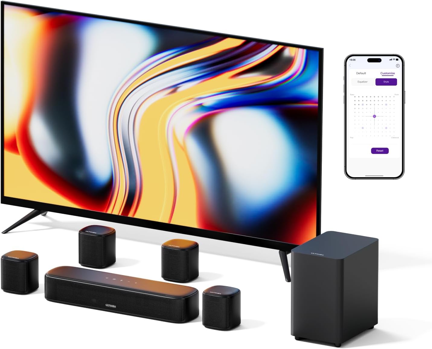 7.1ch Sound Bar with Subwoofer, Virtual Surround Sound System for TV, Sound Bar for Smart TV with 4 Surround Speakers, Peak Power 330W, TV Soundbar with App Control, Opt/AUX/BT, Aura A40 U2601