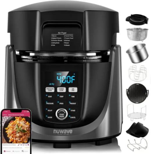 Duet Air Fryer, Electric Pressure Cooker & Grill Combo, 540 IN 1 Multicooker with 2 Removable Lids, Slow Cook, Sears, Sautés, 18/10 SS Pot, Sure-Lock Safety Tech & 9 Deluxe Accessories 9 accessories