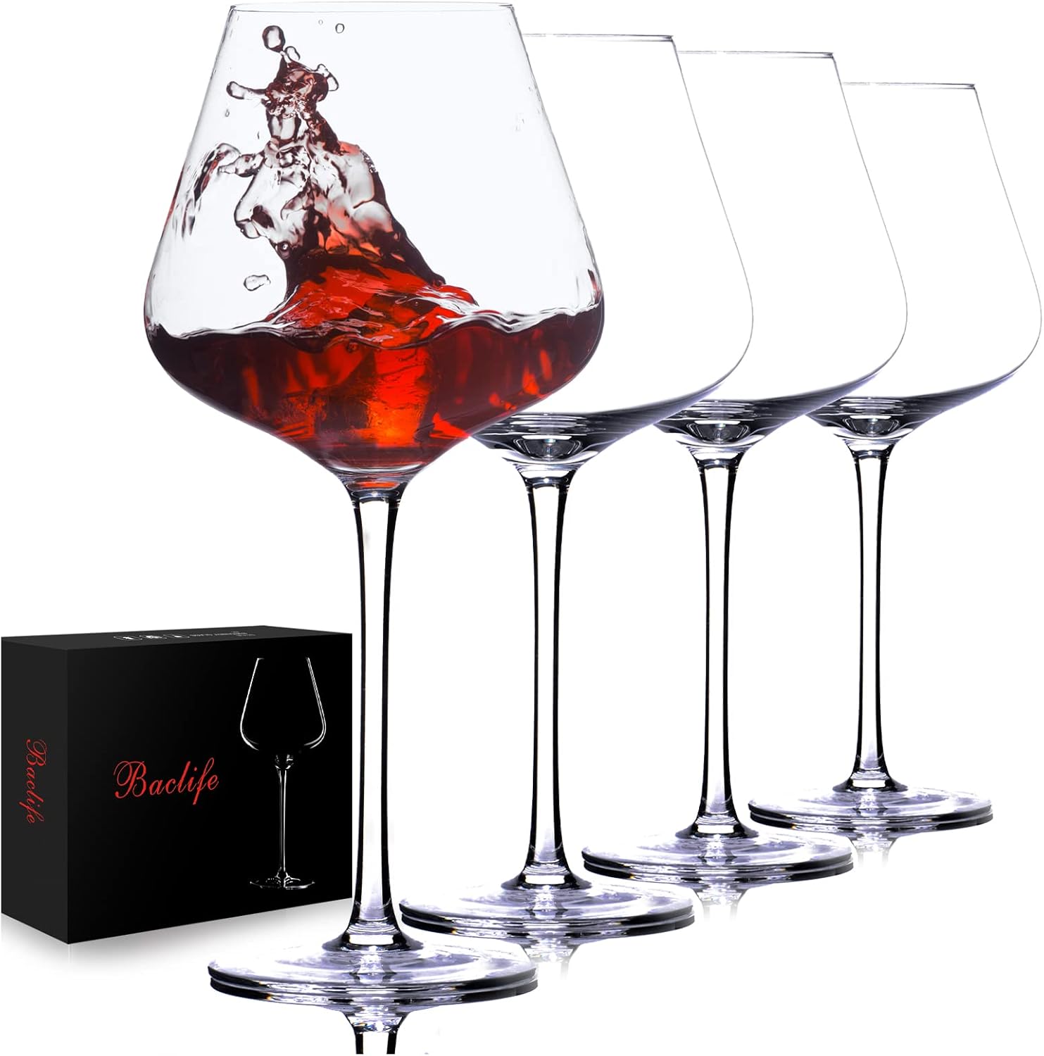 Hand Blown Red Wine Glasses Set of 4 – 23 oz Burgundy Wine Glasses With Long Stem – Large Premium Crystal Wine Glass – Unique Gift for Wedding, Anniversary, Mother’s Day – Clear