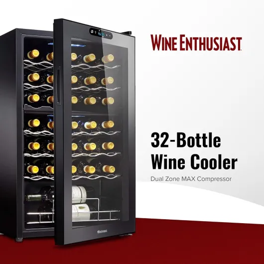 32-Bottle Dual Zone MAX Compressor Wine Cooler – Freestanding Mini Fridge with Digital Touchscreen, LED Display, Split Storage for Red & White Wines, Matte Black Refrigerator Home Bar Black 32 Bottle Dual-Zone