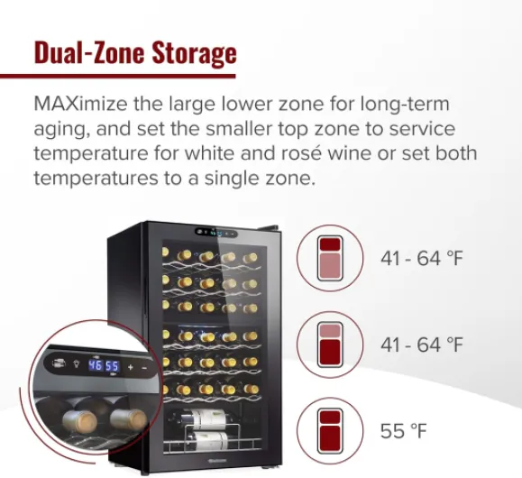 32-Bottle Dual Zone MAX Compressor Wine Cooler – Freestanding Mini Fridge with Digital Touchscreen, LED Display, Split Storage for Red & White Wines, Matte Black Refrigerator Home Bar Black 32 Bottle Dual-Zone
