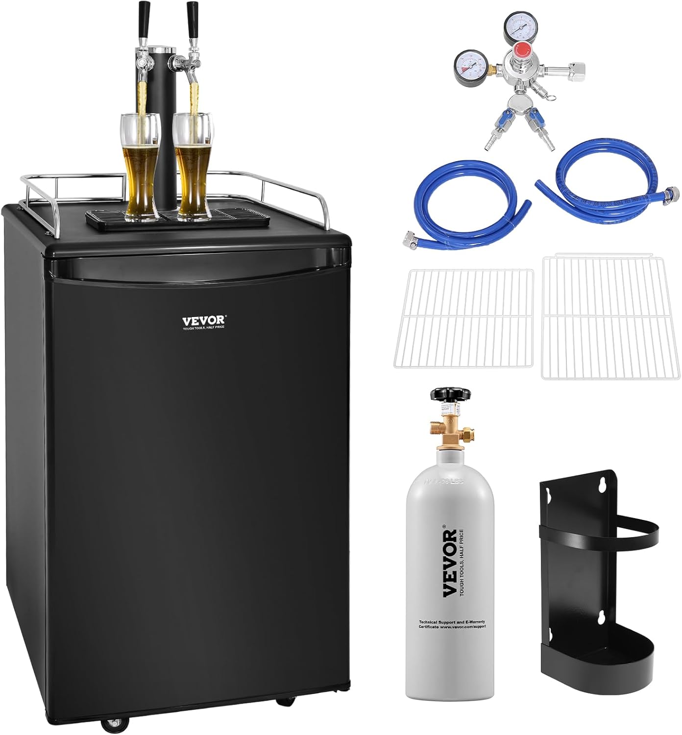 Beer Kegerator, Dual Tap Commercial Draft Beer Dispenser for D system, Full Size Keg Refrigerator with 5lbs CO2 Tank, Hold 2 Sixth / 2 Ball lock keg, Black Dual Tap-Black
