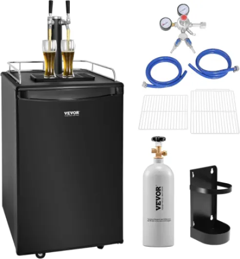 Beer Kegerator, Dual Tap Commercial Draft Beer Dispenser for D system, Full Size Keg Refrigerator with 5lbs CO2 Tank, Hold 2 Sixth / 2 Ball lock keg, Black Dual Tap-Black