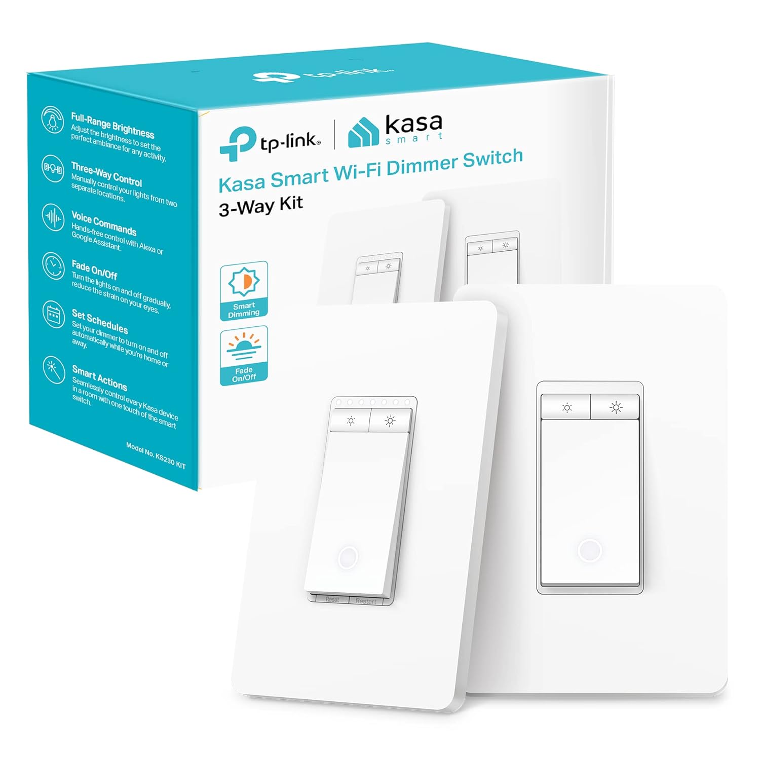 3 Way Dimmer Switch KIT, Dimmable Light Switch Compatible with Alexa, Google Assistant and SmartThings, Neutral Wire Needed, 2.4GHz, ETL Certified, No Hub Required, White (KS230 KIT v2) 3-Way Dimmer 2 Switch KIT