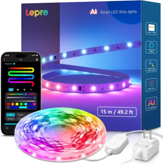 S1 AI LED Strip Lights for Bedroom - 50ft Smart RGB Light Strips with IC and Rainbow Chasing Effects, Color Segment DIY, Personalized Al Lighting Designer, No Remote, 2.4G Wi-Fi & Bluetooth