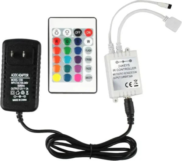 24 Key LED Strip Controller, Wireless Rectifier Control Box, IR Remote Controller, DC 12V 3A Power Supply Plug Adapter for 2835 3528 5050 RGB LED Strip Lights Flexible Tape Lighting