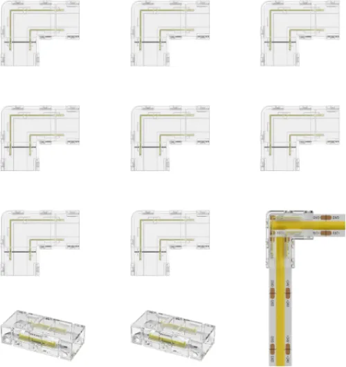 8mm COB Connector 8pcs L-Shaped/Corner Connector,Unwired Clips Solderless Adapter Terminal Extension Connection,2pcs Transparent Gapless Connectors for 2-Pin COB LED Strip Lights,NOT for 10mm 8mm L-shaped Connector