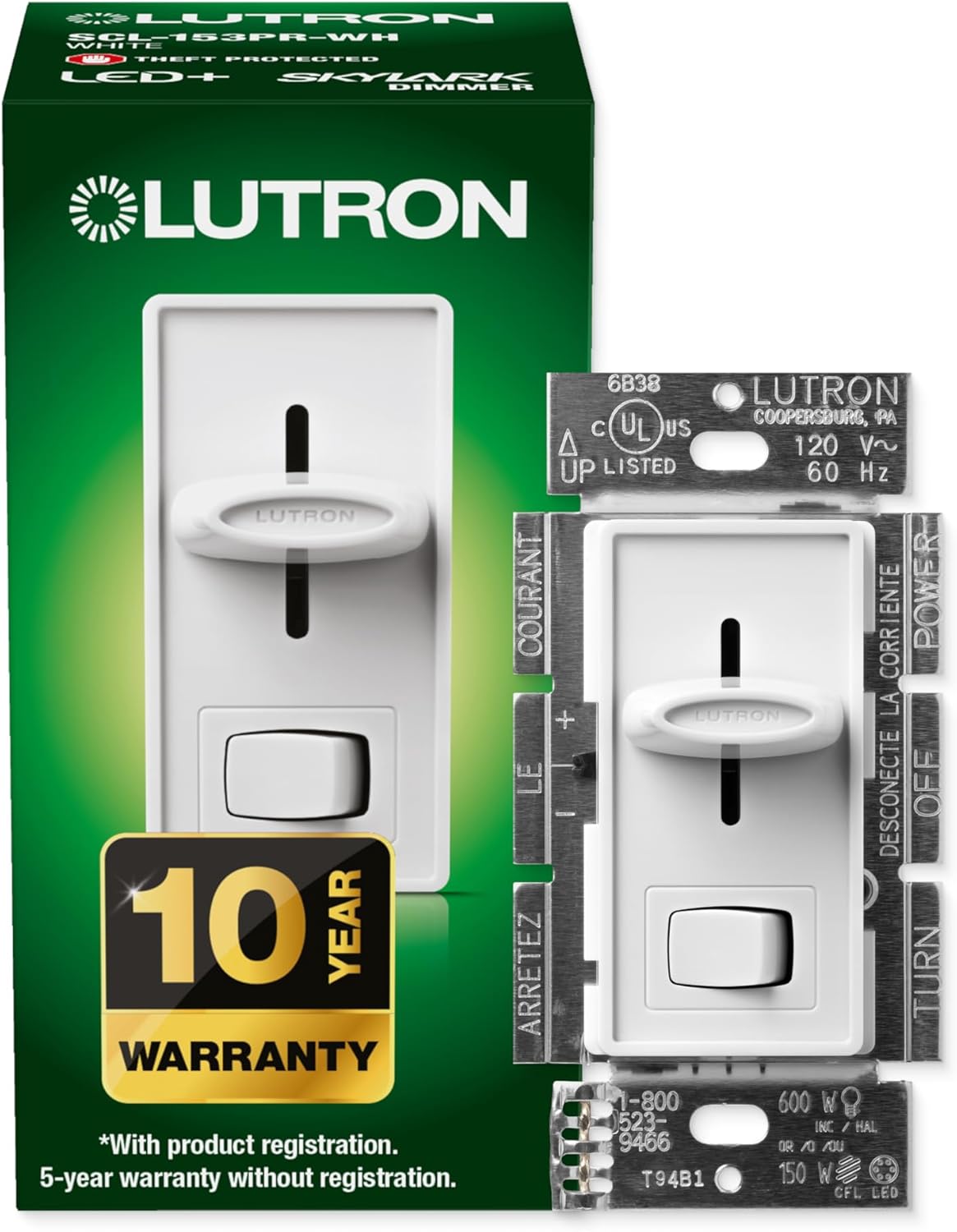 Skylark LED+ Dimmer Switch for Dimmable LED, Halogen and Incandescent Bulbs - 150W/Single-Pole or 3-Way - SCL-153P-WH - White White Switch