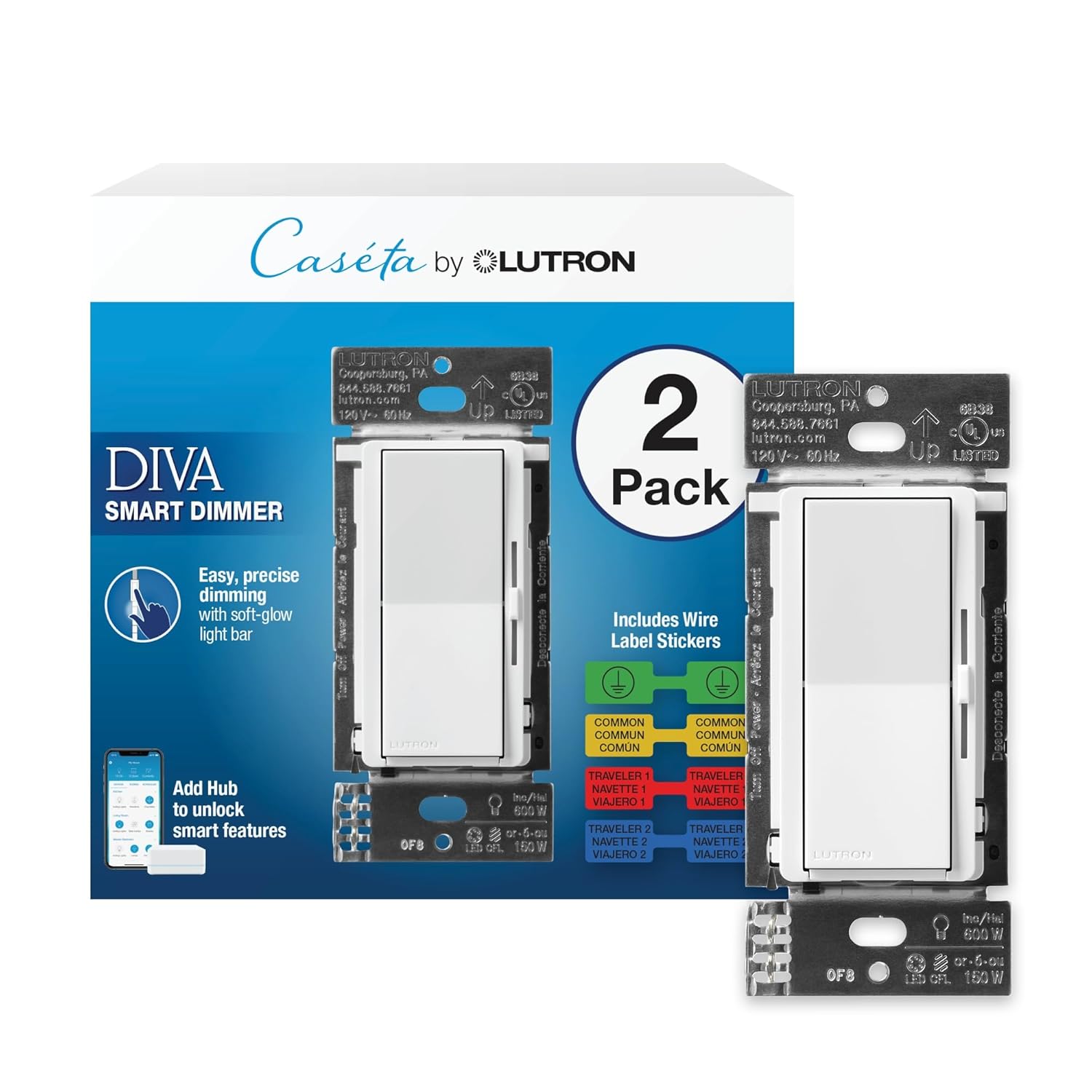 Diva Smart Dimmer Light Switch for Caseta Lighting (Lutron Smart Hub Required), for LED Lights, 150W, Single-Pole/3-Way, No Neutral, White, 2 Pack (DVRF-6LS-WH-2) White 2 Pack Diva Smart Dimmer Switch