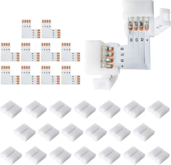 20Packs L Shape 4-Pin LED Connectors with 22Pcs Clips 10mm for Strip Lights - 10mm 4pin 4PIN-10MM-L