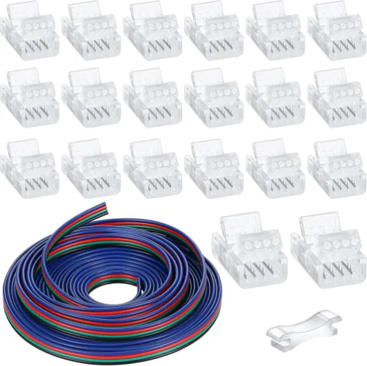 Zhengmy 20 Pack 4 Pin 10mm Solderless LED Strip Connector Transparent Track Lighting LED Pin Connectors with Wire Strip 16.4ft for 5050(4 Pin, 10 mm)