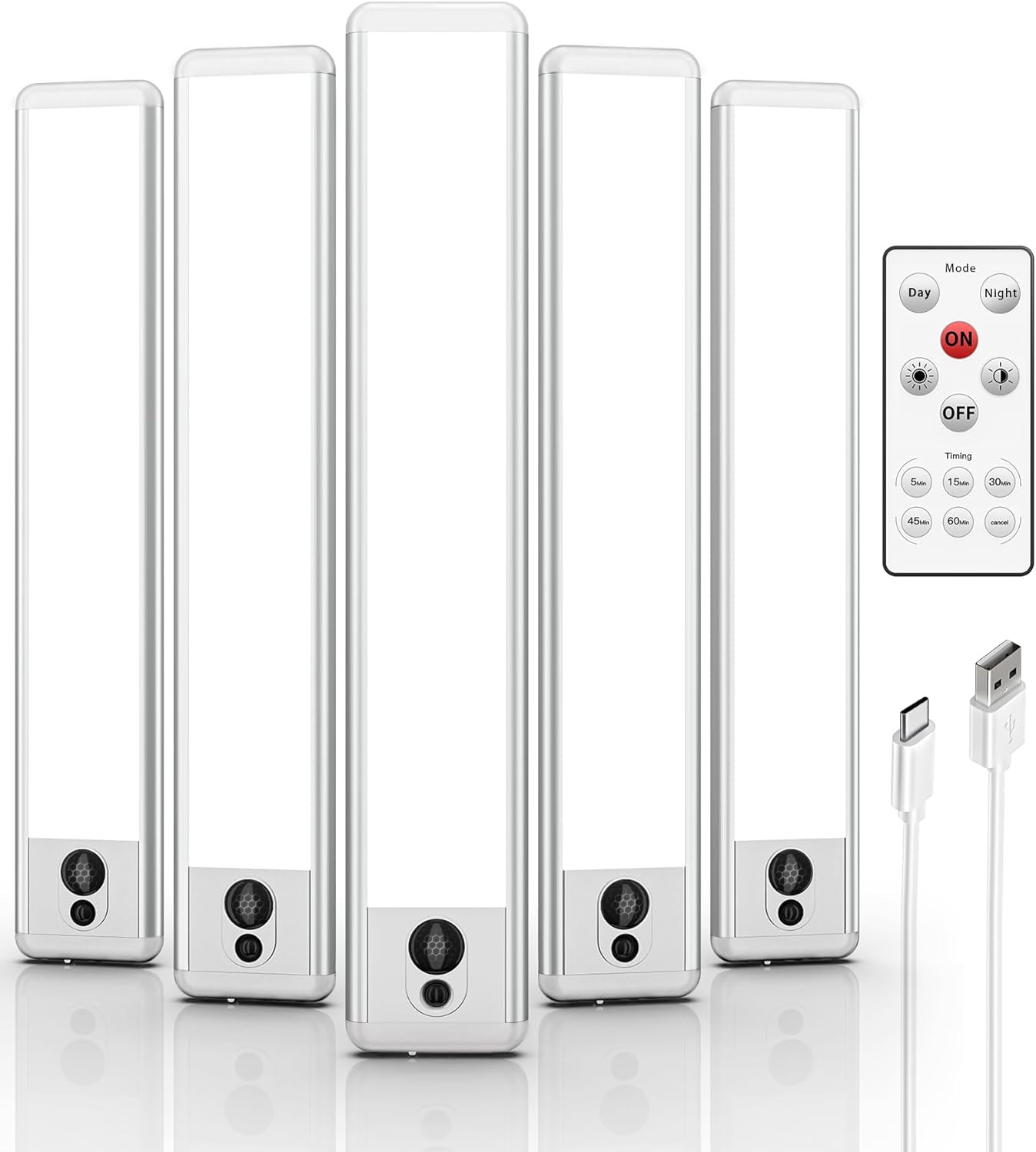 5 Pack Under Cabinet Lighting, Rechargeable Motion Sensor Light, LED Closet Lights Wireless, 5700K Dimmable, Timer, Magnetic, with Remote Control for Kitchen, Closet, Stair Cool White 9in-5 Pack