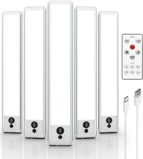 5 Pack Under Cabinet Lighting, Rechargeable Motion Sensor Light, LED Closet Lights Wireless, 5700K Dimmable, Timer, Magnetic, with Remote Control for Kitchen, Closet, Stair Cool White 9in-5 Pack