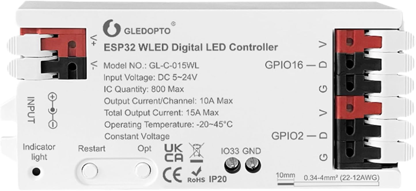 ESP32 WLED LED Strip Controller Dynamic RGB IC IO33 DIY Port App Control Easy Wiring Terminal for WS2811 WS2812 SK6812 TM1814 WS2813 WS2815 FCOB Addressable Strip Light