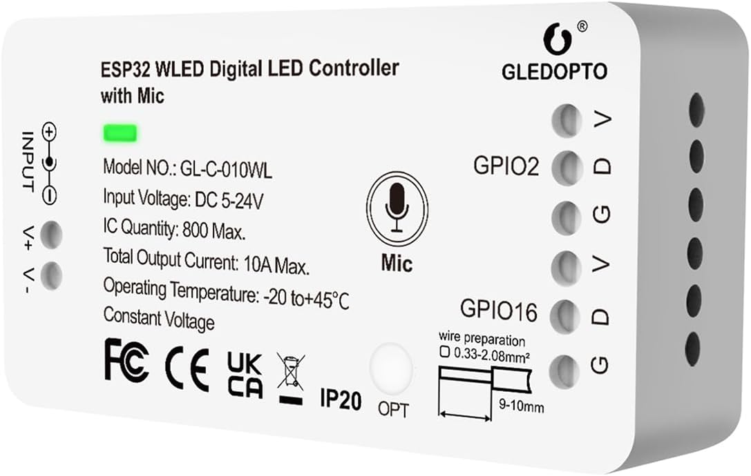 GLEDOPTO ESP32 WLED LED Controller with Mic Microphone DIY Lighting Music Dynamic Modes for WS2811 WS2812 SK6812 TM1814 WS2813 WS2815 Addressable FCOB LED Strip Lights