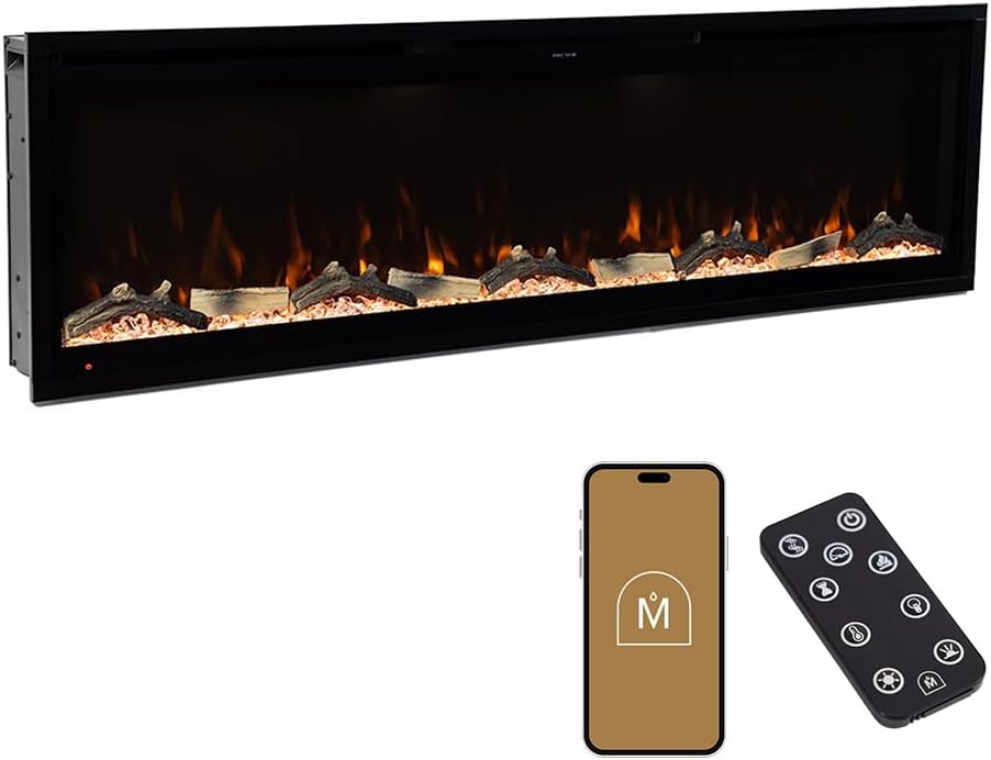 Aerus 60 Inch Smart Linear Electric Fireplace - Recessed in-Wall or Wall-Mount - LED Multiple Flame Colors - Alexa/WiFi Enabled - 5.75” Profile - Remote Included