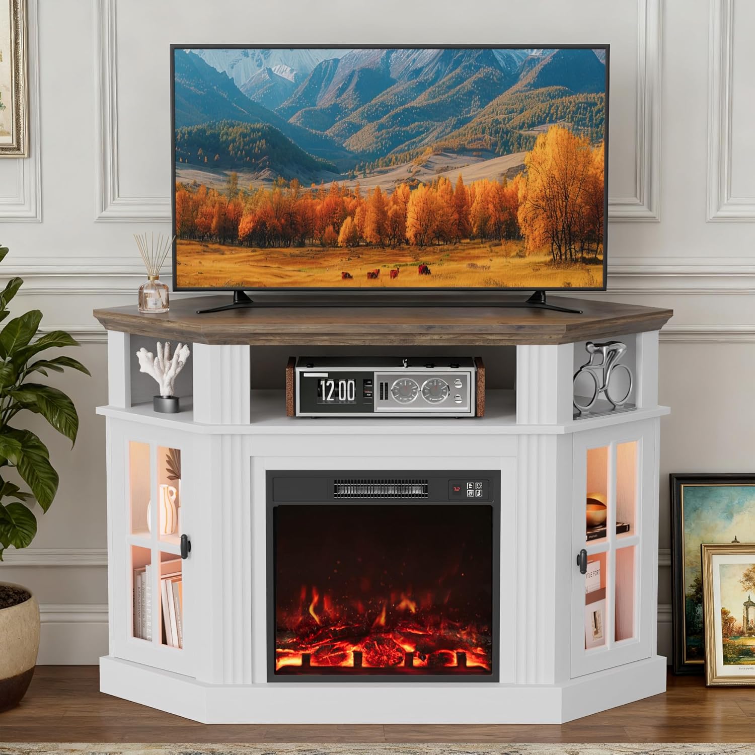Fireplace Corner TV Stand for Up to 55 Inch, Modern Console with 18 Inch Electric Fireplace, Entertainment Center with Open Shelf and Storage Cabinets for Living Room (LED Antique White)