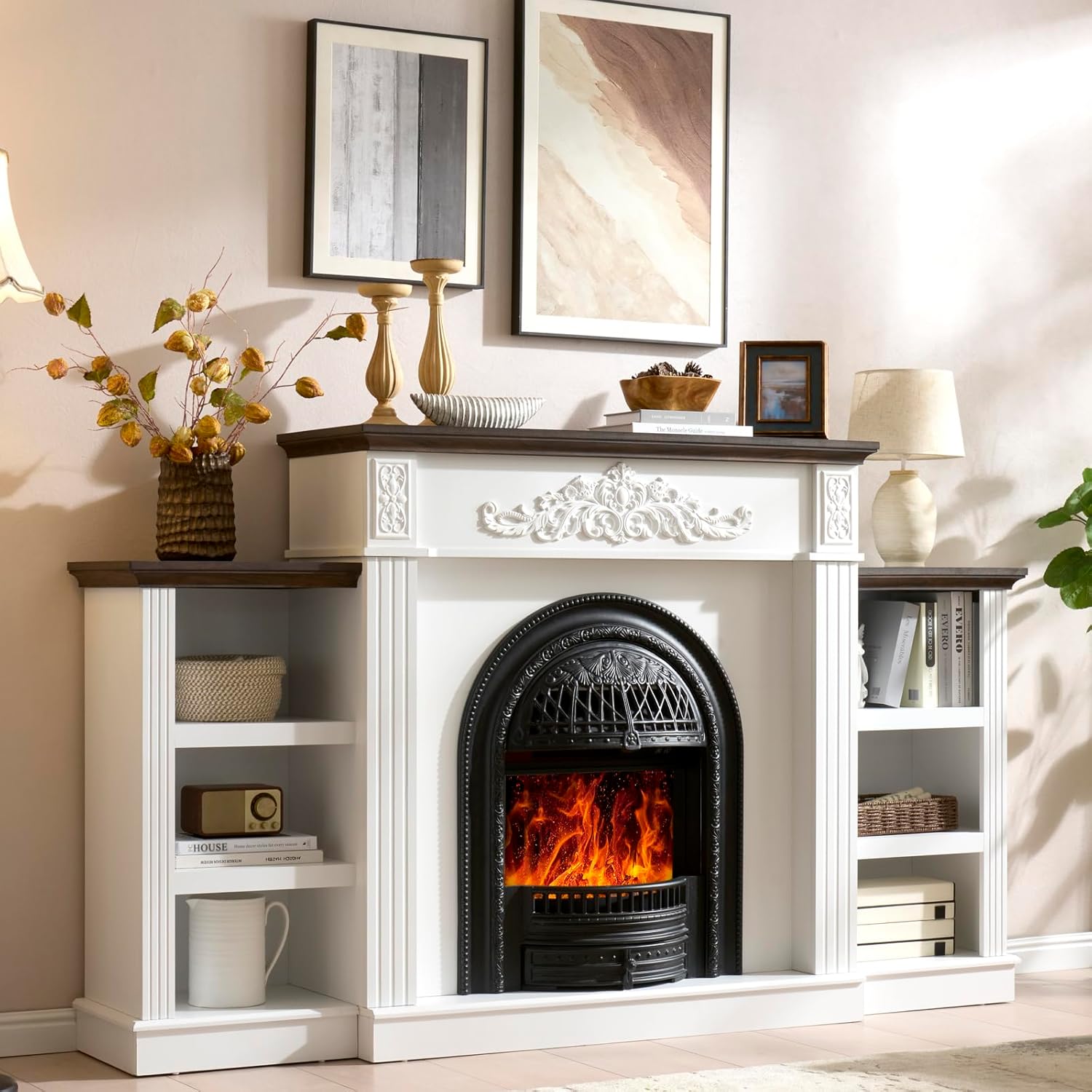 78" Birdcage-Style Electric Fireplace with Mantel, 46" Tall Fireplace TV Stand for 90" TV, Farmhouse Entertainment Center with Storage & Replaceable Insert Heater for Living Room, White+Walnut White+walnut(size L)