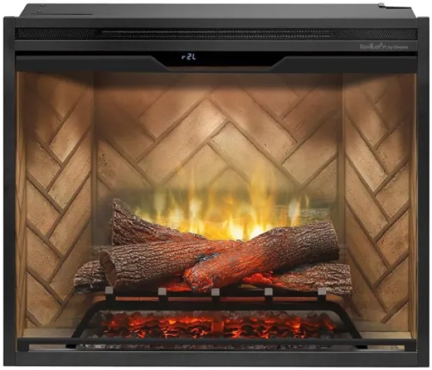 Revillusion® 30 Inch Built-in Electric Firebox - Herringbone Brick Background - Includes Realistic Faux Logset, Front Glass Panel, Firebox, and Plug Kit 30 Inch w/Front Glass Brick