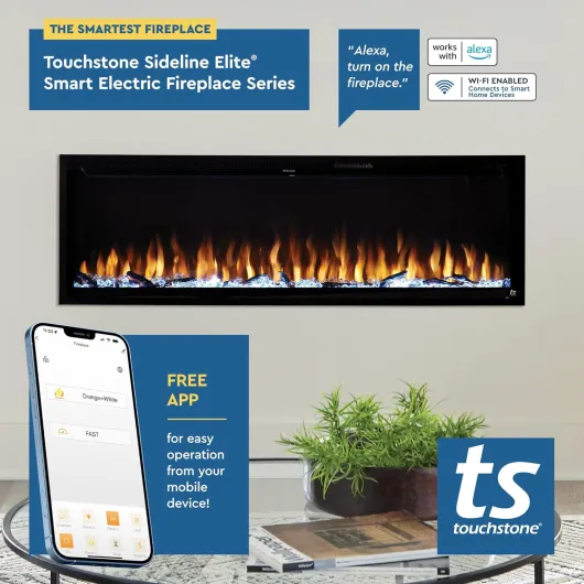 Sideline Elite Smart 60” WiFi-Enabled Electric Fireplace - in-Wall Recessed - 60 Color Combinations - 1,500W Heater - Black - Log, Crystals & Driftwood - 80037 60 Inches