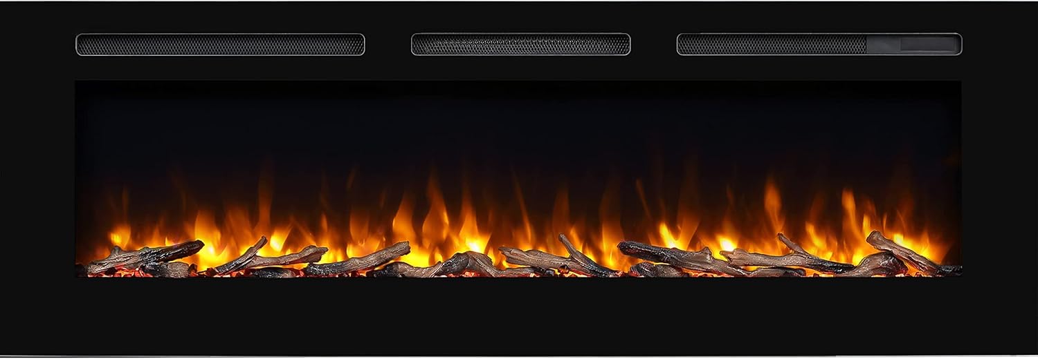 Alice 60 Inches Recessed Electric Fireplace, Flush Mounted for 2 X 6 Stud, Log Set & Crystal, 1500W Heater, Remote Control, Black Black 60"