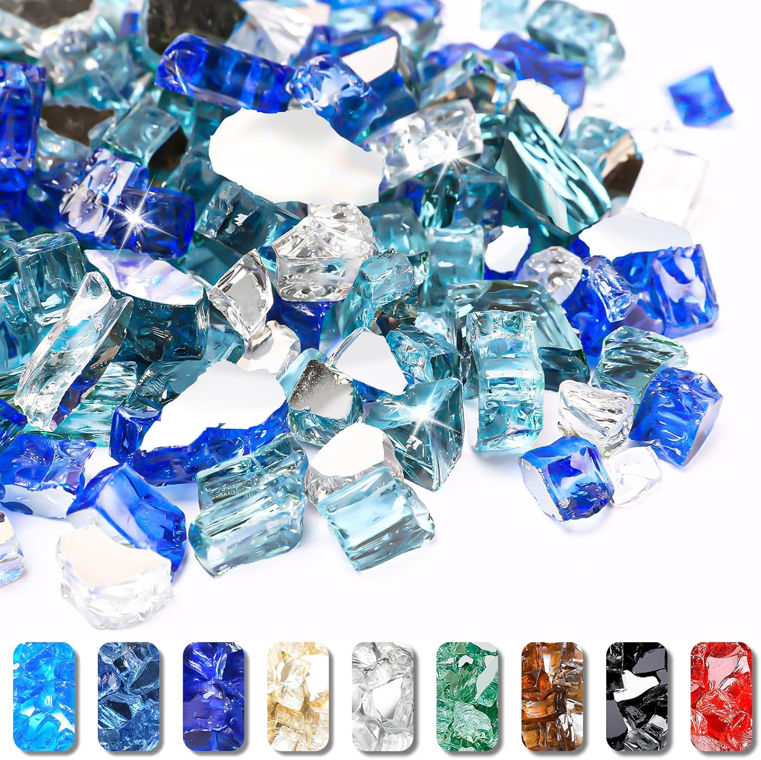 10 Pound Fire Glass for Fire Pit - 1/2 inch Reflective Fire Glass Rocks, Decorative for Fireplace and Fire Table, Blend of Cobalt Blue, Caribbean Blue and Platinum 1/2 In - 10 lbs Ultra Clear + Aqua Blue + Cobalt Blue