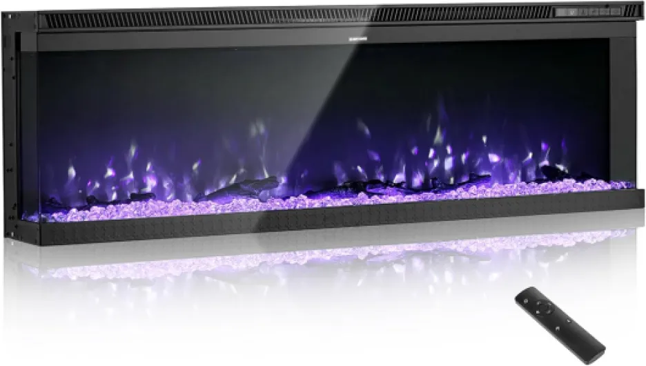 60 inch Electric Fireplace, Three-Sided Glass Wall Mounted Recessed Fire Place with Remote Control, Timer, 1500W, Adjustable Flame Color Brightness,Overheat Protection, for Living Room,Bedroom Three-Sided 60 Inch