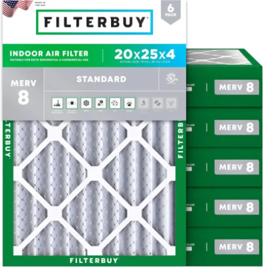20x25x4 Air Filter MERV 8 Essential Dust & Allergy Defense (6-Pack), Electrostatic Pleated HVAC AC Furnace Filters Replacement, Made in USA (Actual Size: 19.50 x 24.50 x 3.63)