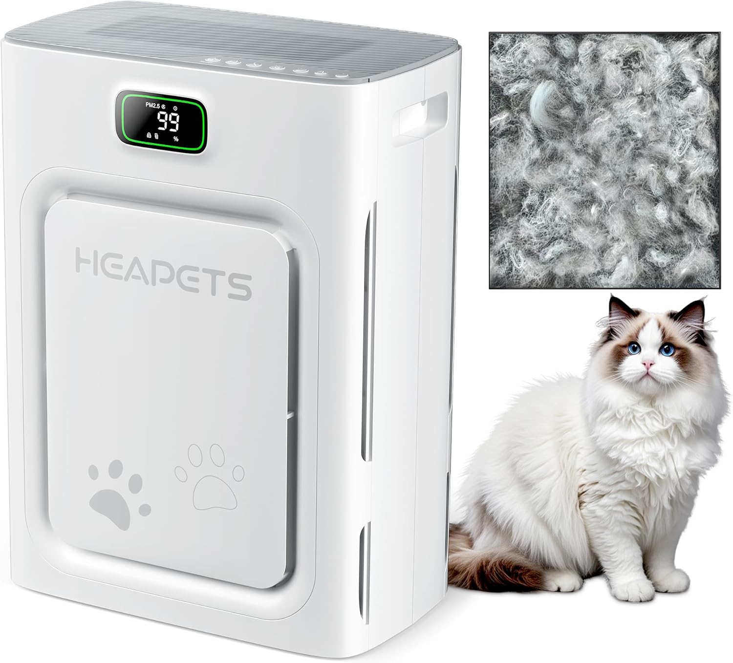 Pet Air Purifier for Home Large Room 2500 sq ft, H13 HEPA Washable Double-Sided Filter, Air Cleaner for Pet Hair Dander Odor Allergies Pollutant Smoke Dust, PM2.5 Air Quality Monitor, Auto Mode, Grey P358White-Grey