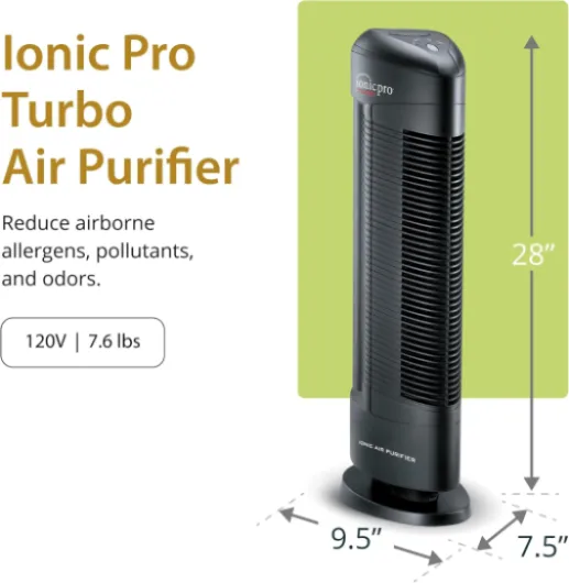 Turbo (TA550) Ionic Air Purifier Tower for Home, Quiet Ionic Filterless Design, Covers Up to 500 Sq - Ft., Removes Odors, Smoke, Dust, and Allergens – Black