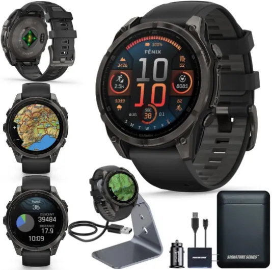 Garmin Fenix 8 Premium Multisport GPS Running Smartwatch, 47 mm - AMOLED, Dive-Rated, Built-in Flashlight - Carbon Gray DLC Titanium with Pebble Gray Band with Signature Series Charging Stand Fenix 8 AMOLED - 47 mm Black
