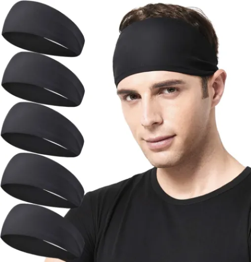 Mens Running Headband,5Pack,Mens Sweatband Sports Headband for Running,Cycling,Basketball,Yoga,Fitness Workout Stretchy Unisex Hairband 5 Black