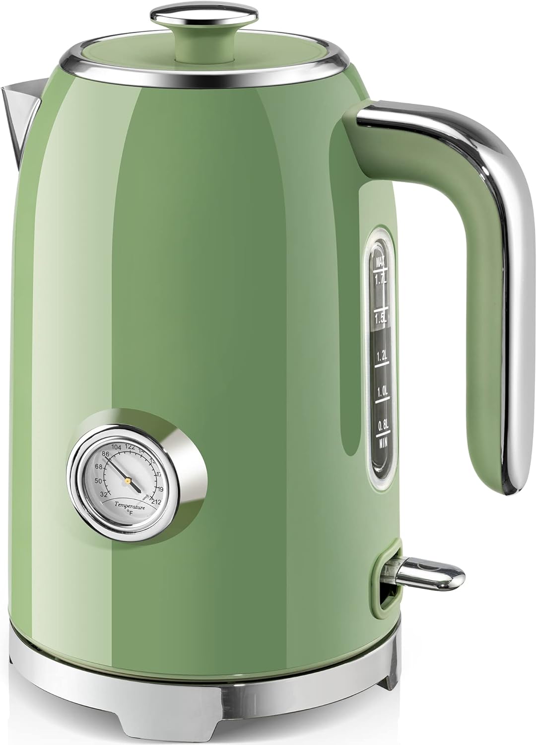 Electric Kettle - 57oz Hot Tea Water Boiler with Thermometer, 1500W Fast Heating Stainless Steel Pot, Cordless LED Indicator, Auto Shut-Off & Boil Dry Protection, Retro Green