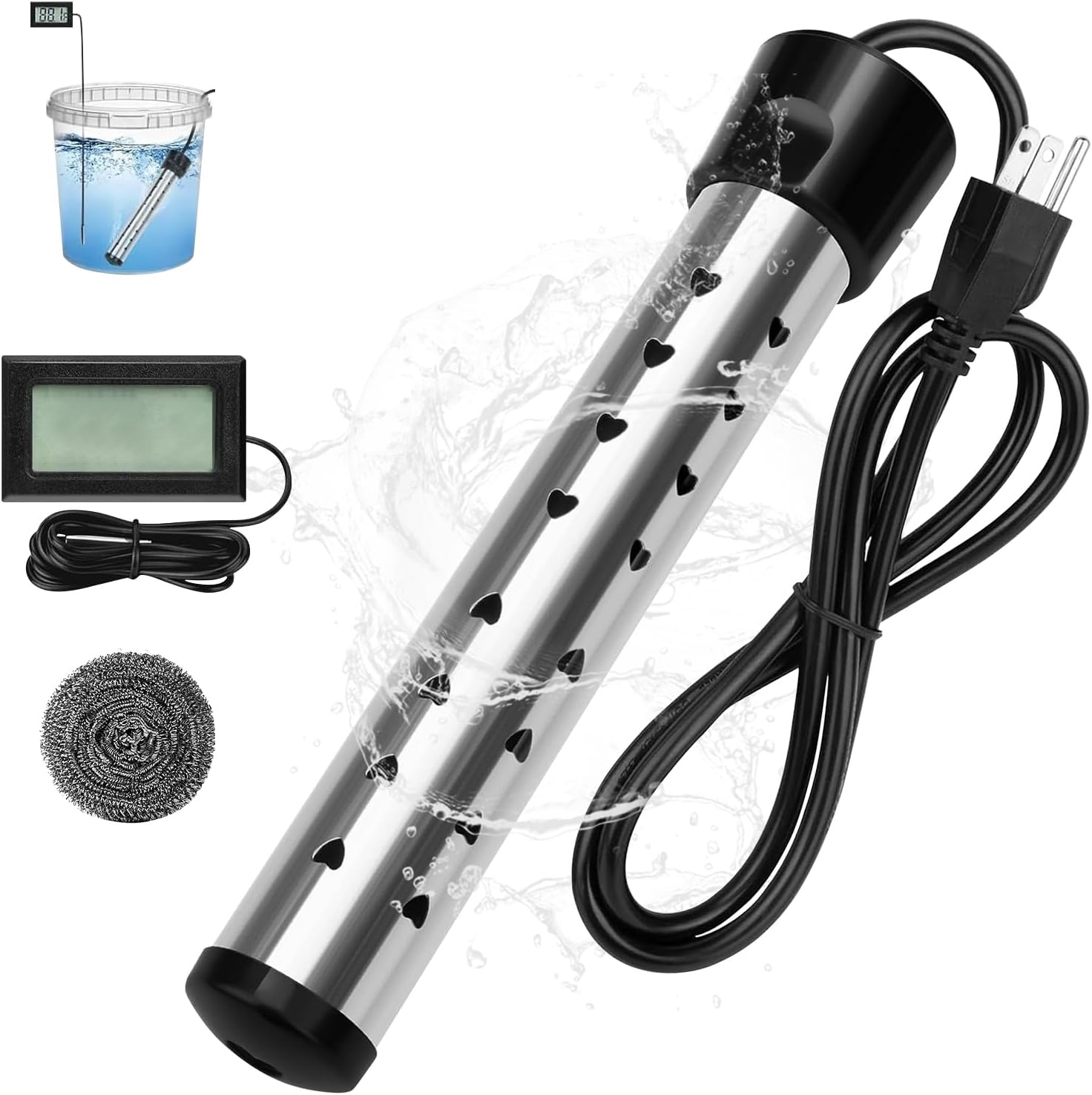Immersion Water Heater,2000W Portable Water Heater,Camping Water Heater,Fast Heating Bucket Heater with Digital LCD Thermometer for Home Camping Bath Pool Outdoor Use ﻿ (Black)