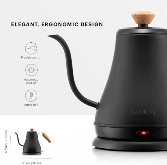 27oz Bistro Gooseneck Electric Water Kettle, Pour Over Coffee & Tea, Stainless Steel, Matte Black Matte Black 0.8 Quarts