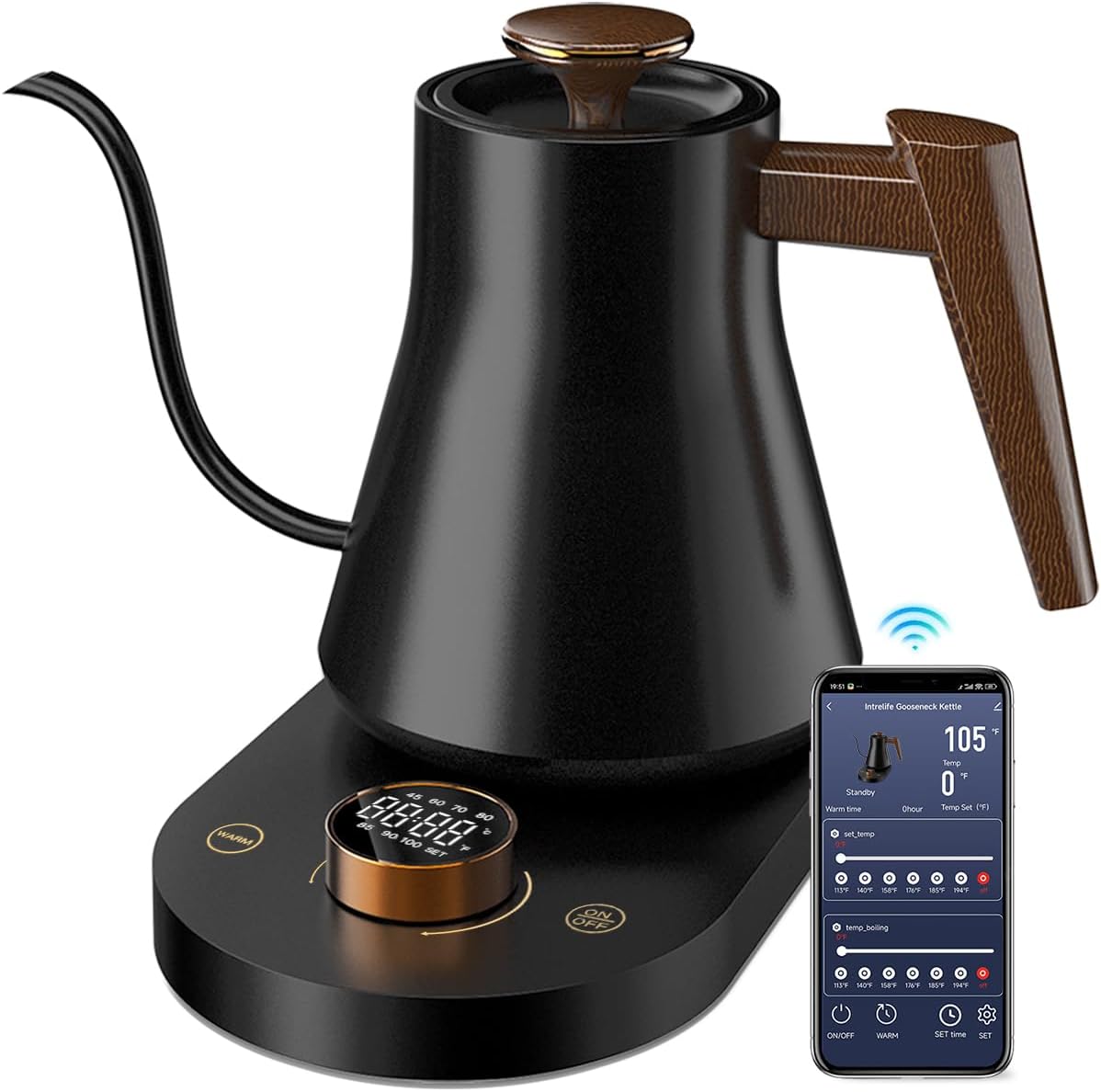 Smart Electric Gooseneck Kettle with WiFi Control, Pour-Over Coffee & Tea Kettle, ±1°F Precise Temp, 100% Stainless Steel Quick Boil Hot Water Heater Keep Warm, Pro Brewing Teapot 0.8L, 1000W Black