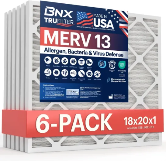TruFilter 18x20x1 Air Filter MERV 13 (6-Pack) - MADE IN USA - Electrostatic Pleated Air Conditioner HVAC AC Furnace Filters for Allergies, Pollen, Mold, Bacteria, Smoke, Allergen, MPR 1900 FPR 10 MERV 13 18x20x1 6-Pack